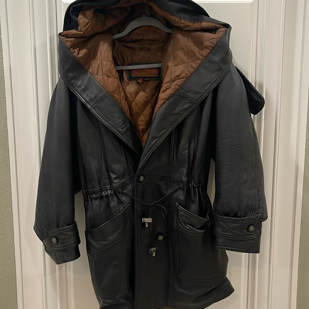 Cayenne Leather Black Hooded leather jacket quilted size small trench coat